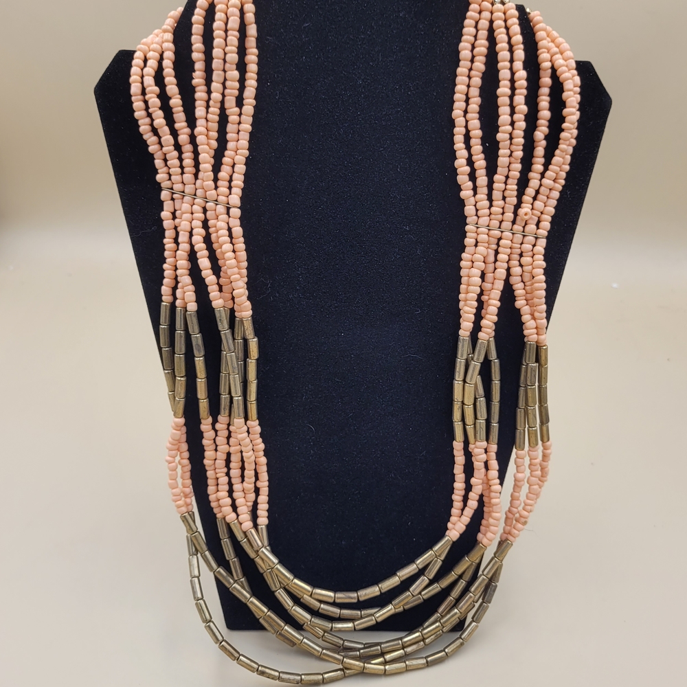Vintage Multi Strand Coral‎ And Aged Gold Color Seed Bead Tiered Boho Necklace